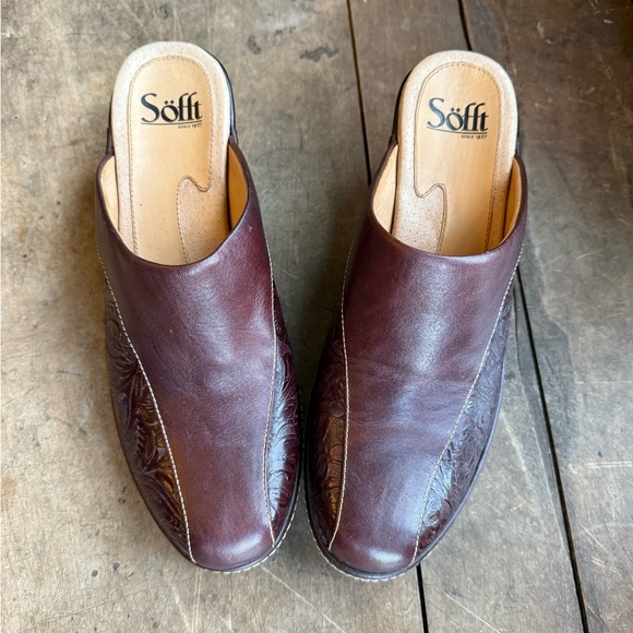 SOFFT WOMENS DARK BROWN MAROON MULES TOOLED LEATHER UPPER SIZE 8 M - Picture 3 of 14
